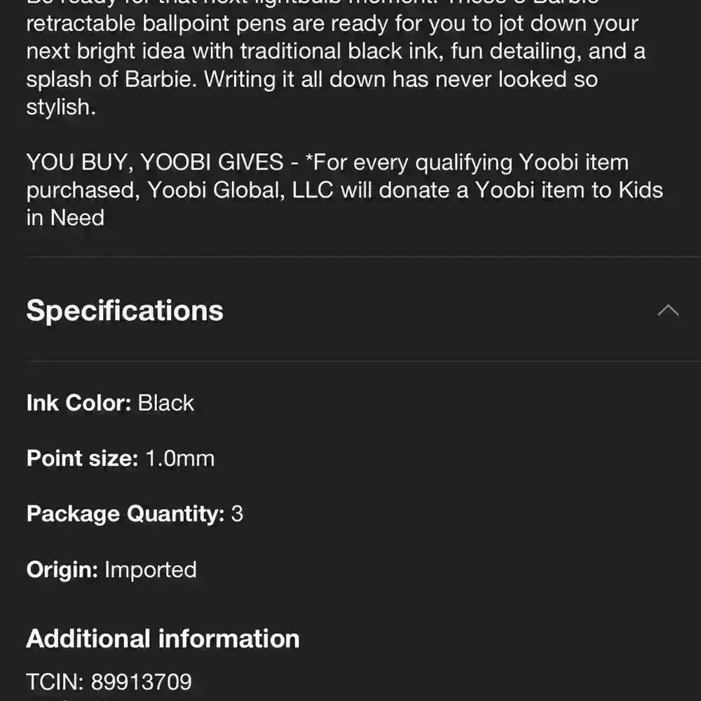 Yoobi X Barbie 3 pk Ballpoint Pens New/Sealed black ink
